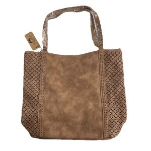 Kiss Gold Light Brown Leather Purse Tote w/ Intricate Details in the Leather NWT